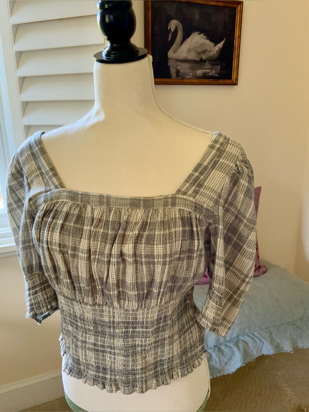 Universal Thread Smocked Plaid Square-Neck Peasant Top